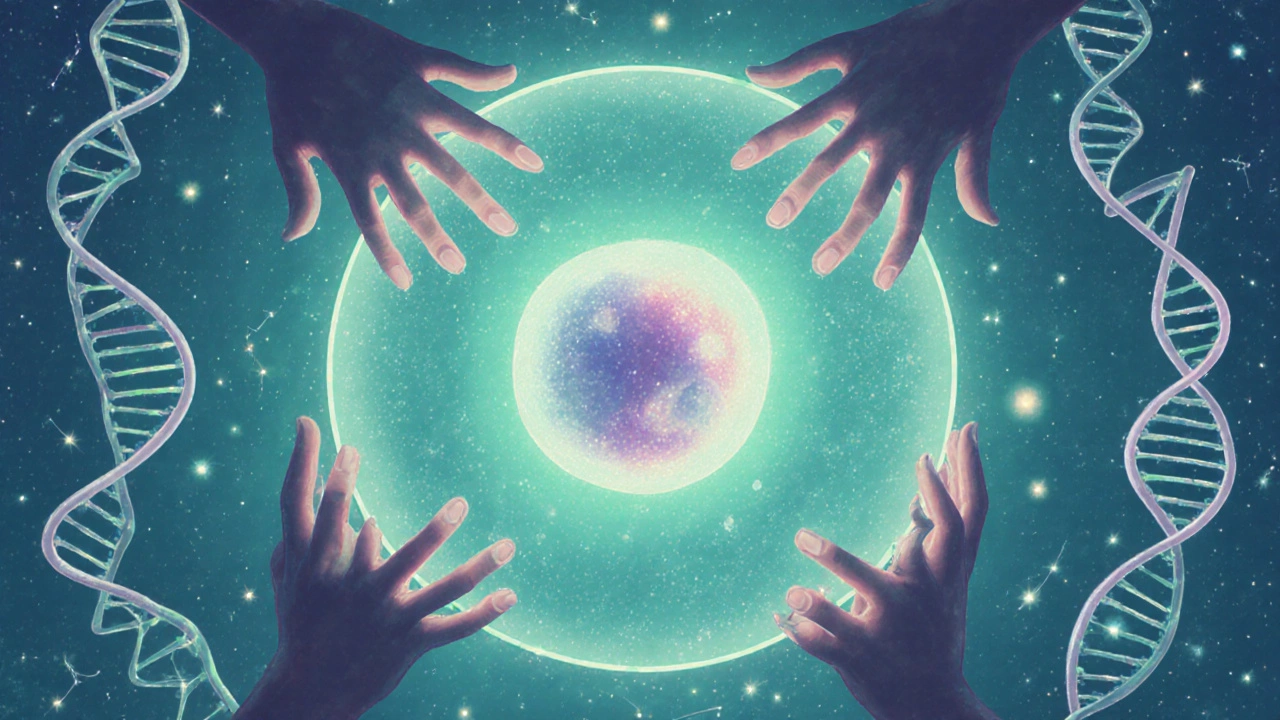 An embryo surrounded by cosmic DNA patterns, symbolizing the science and wonder of IVF.