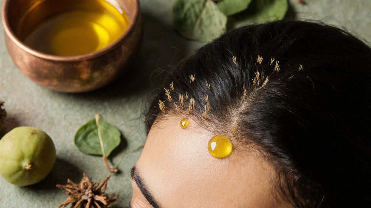 Close-up of new fine hairs emerging on a scalp with herbal oil droplets and natural ingredients nearby.