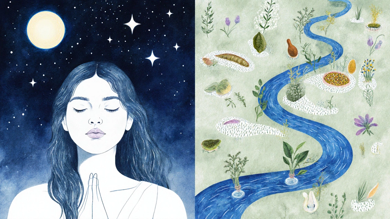 Dual image showing holistic Ayurvedic practices and microscopic hair follicle regeneration.