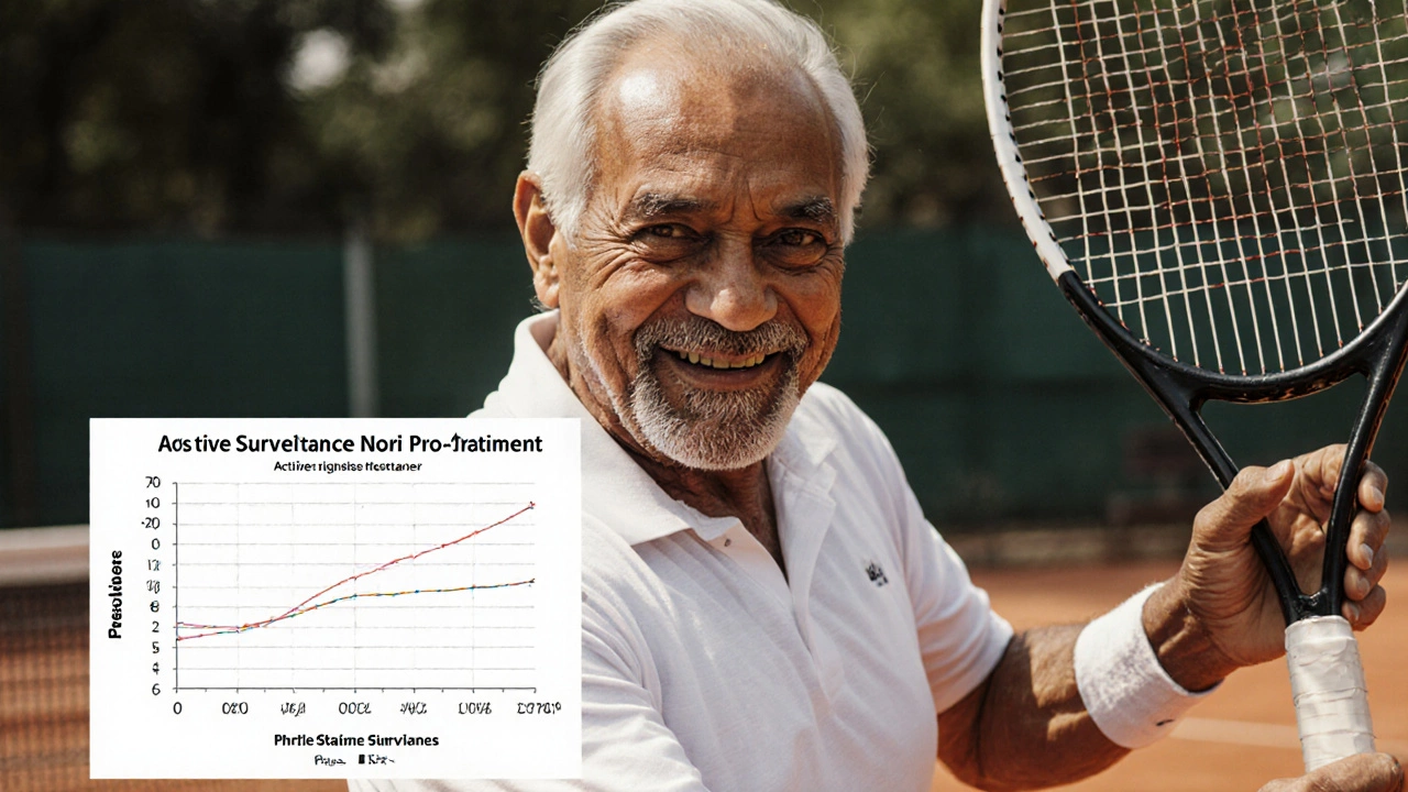 Elderly man playing tennis, symbolizing life after prostate cancer surveillance.