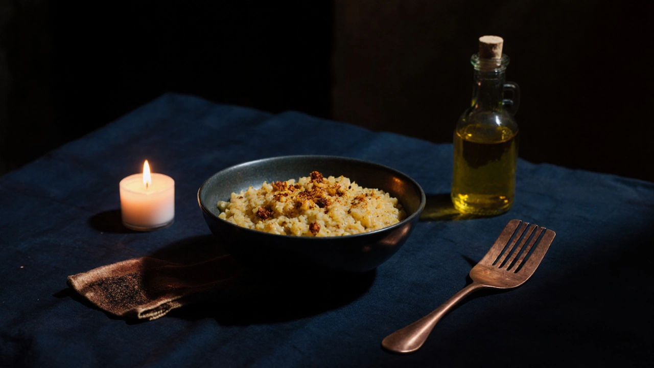 Minimalist still life of kitchari, copper scraper, and oil bottle beside a flickering candle at dusk.