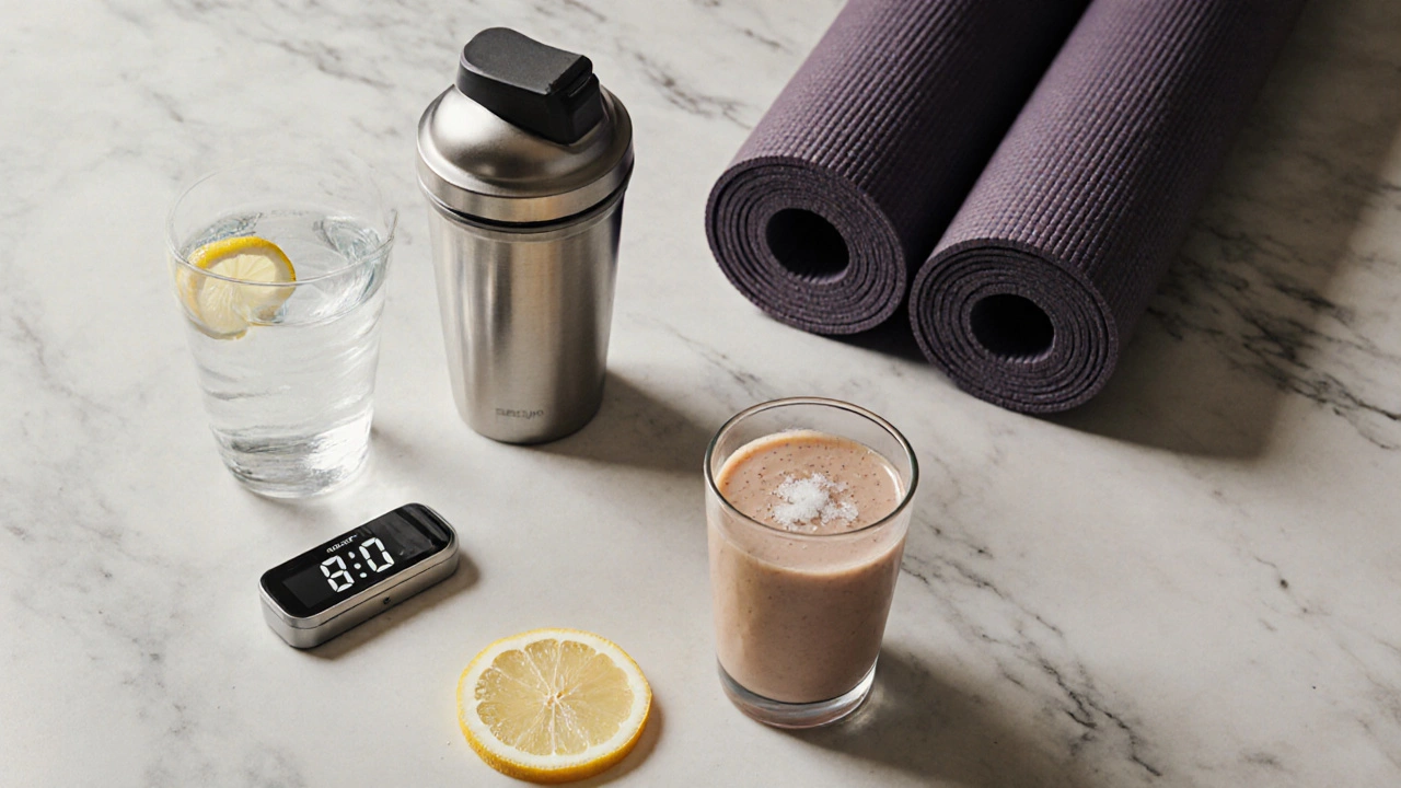 Overhead view of morning hydration, protein shake, and walking shoes on a countertop.