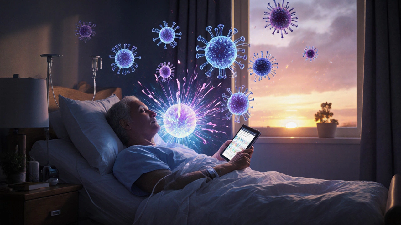 Patient receiving immunotherapy as glowing immune cells fight cancer cells in a hopeful, sunrise-lit home setting.