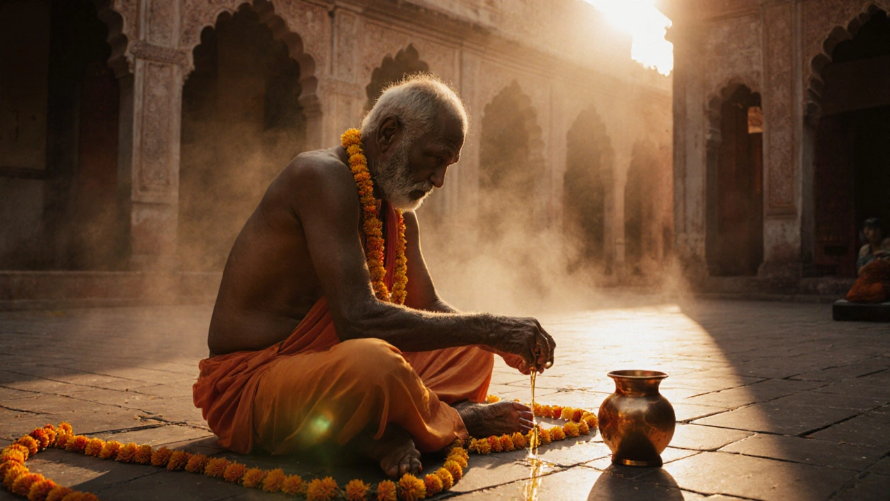 Person massaging warm oil into their skin at sunrise in a quiet courtyard, barefoot on stone tiles.