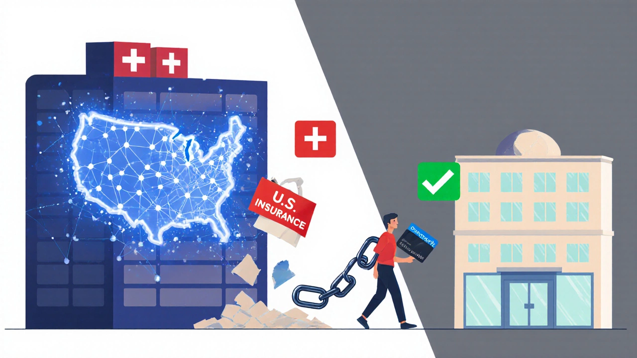 Split-screen concept: broken U.S. insurance chain vs. traveler with travel insurance heading toward a European hospital.