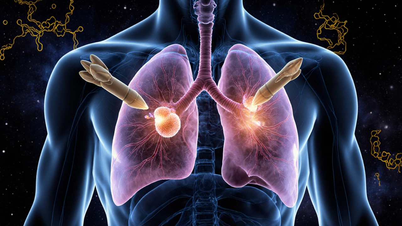 Targeted therapy molecules precisely attacking cancer cells in the lung while sparing healthy tissue.