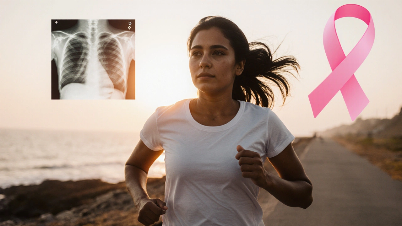 Woman running at dawn, representing survival and vitality after early breast cancer treatment.