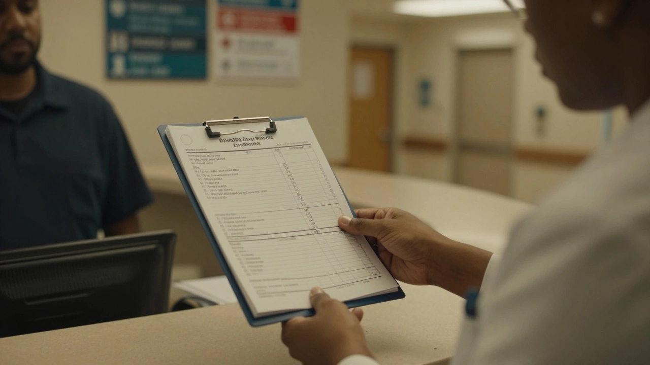A tourist organizing medical documents at a hospital desk after treatment in Europe.
