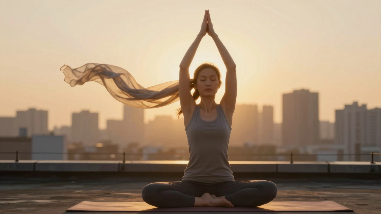 A woman in yoga pose at dawn on a rooftop, golden light surrounding her peacefully.