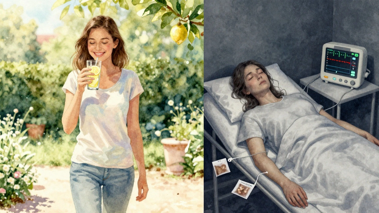 Contrasting images: healthy woman walking in garden vs. exhausted person in dark room after unsafe cleanse.