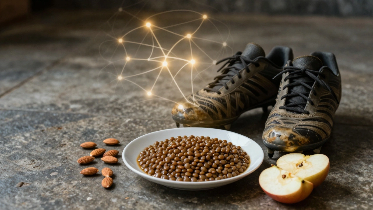 Football cleats beside a simple anti-inflammatory meal, symbolizing athletic longevity.