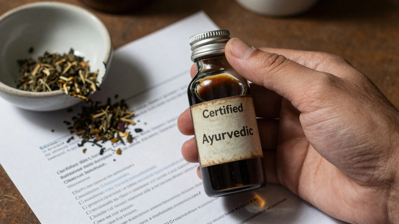 Hand holding contaminated herbal bottle next to lab report showing high lead levels and spilled herbs.