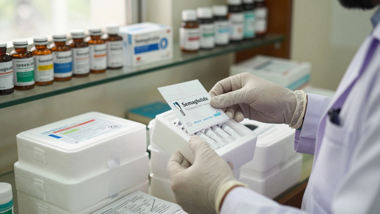 Indian pharmacist packaging generic semaglutide in temperature-controlled containers.
