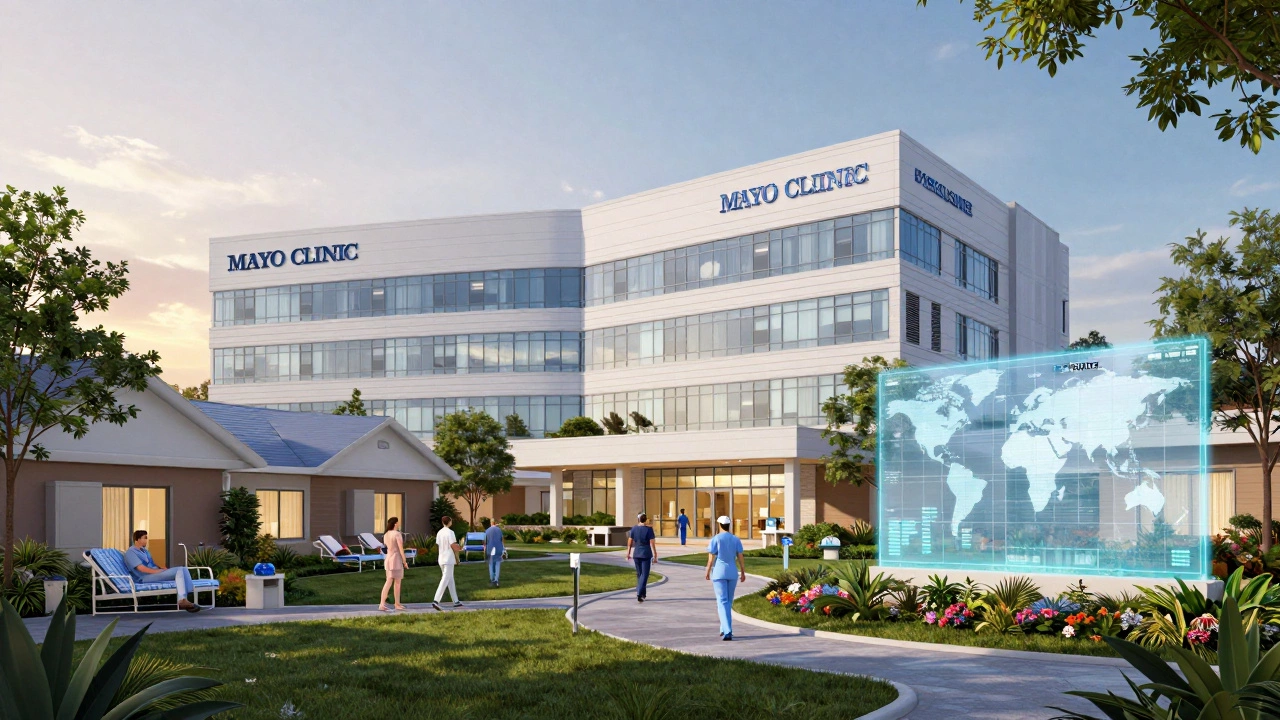 Modern Florida hospital at dawn with recovery villas and gardens, symbolizing compassionate medical tourism.