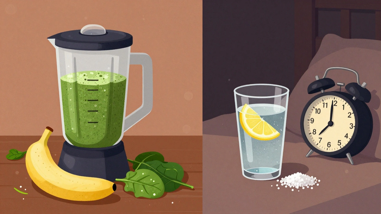 Morning and nighttime rituals of hydration and recovery with smoothie and electrolyte water.