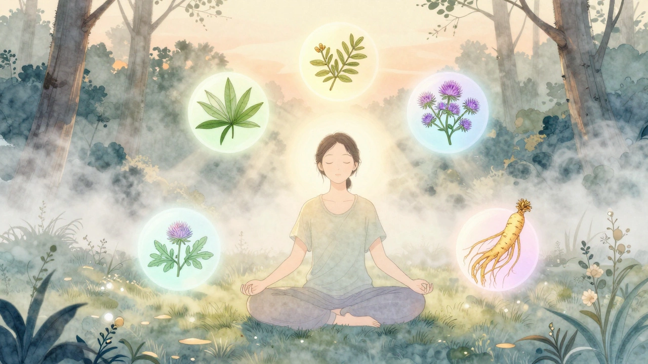 Person meditating at dawn surrounded by floating herbal symbols like ashwagandha, valerian, and milk thistle in soft pastel colors under sunrise light.