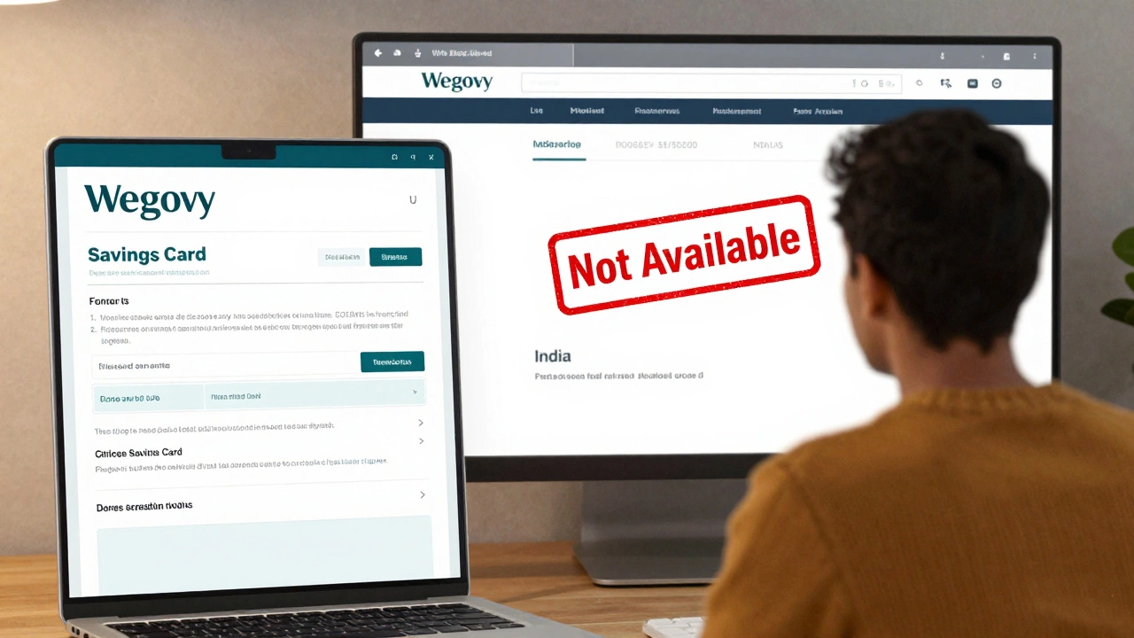 Split screen: U.S. savings form vs. blocked Wegovy website in India