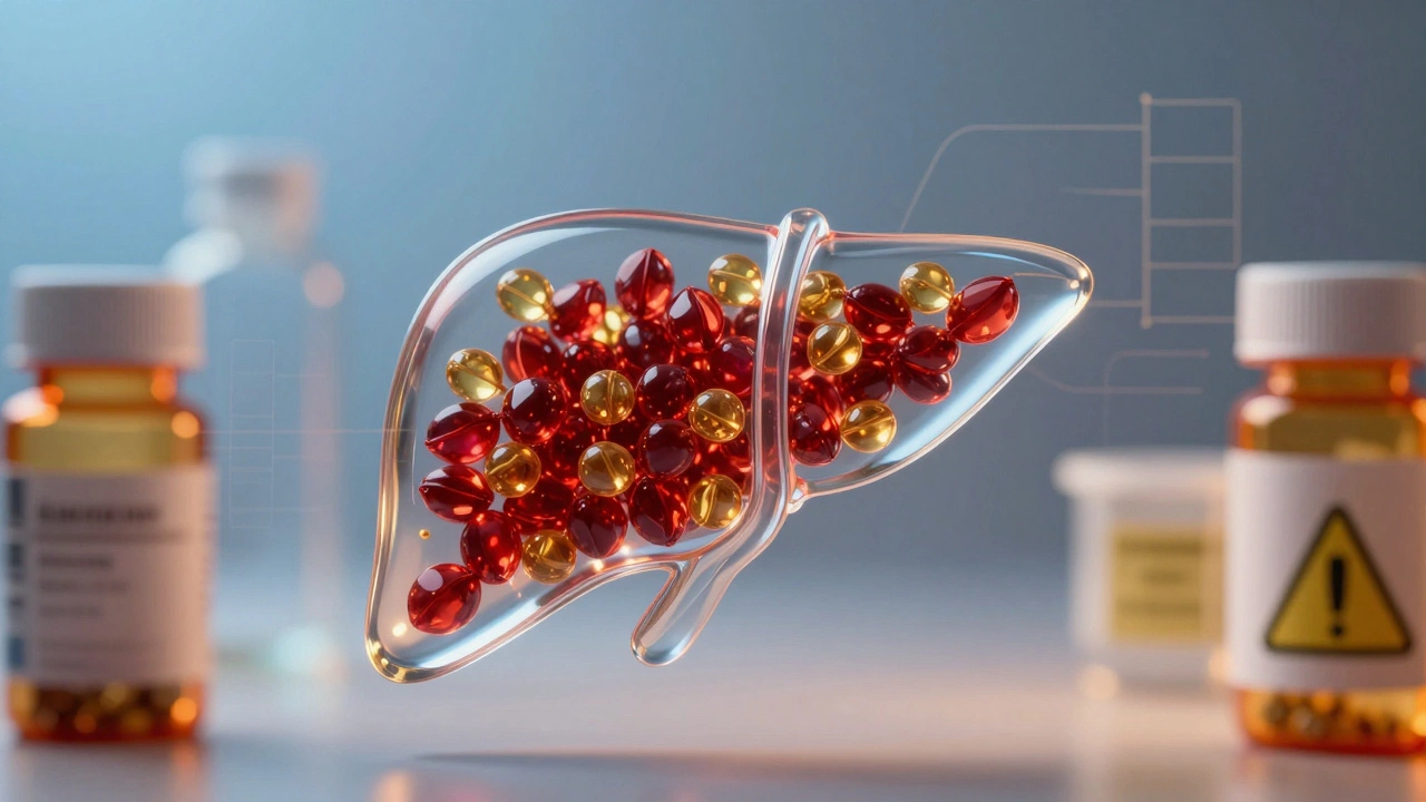 Translucent liver silhouette filled with golden particles from milk thistle, surrounded by fading prescription bottles under cool and warm lighting.