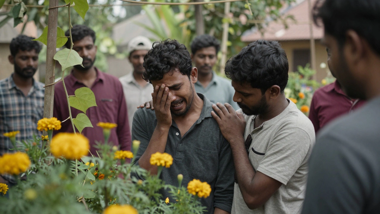 Two people in a garden, one crying as the other offers silent support among flowers.