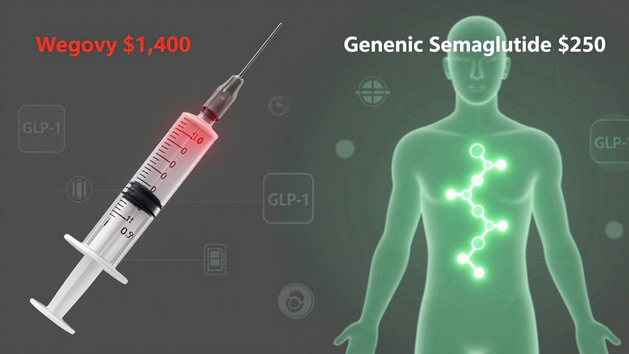 Two syringes injecting the same semaglutide molecule, one expensive, one affordable.
