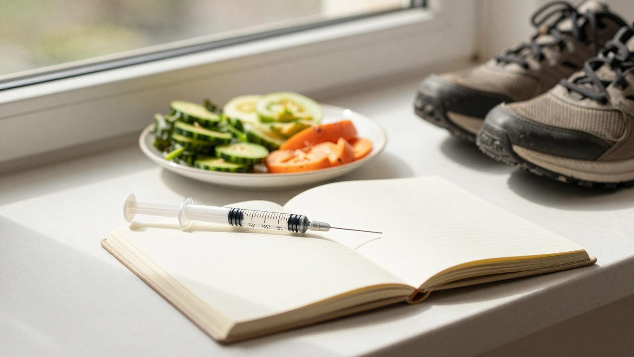 Wegovy injection beside healthy food and shoe, symbolizing long-term weight management