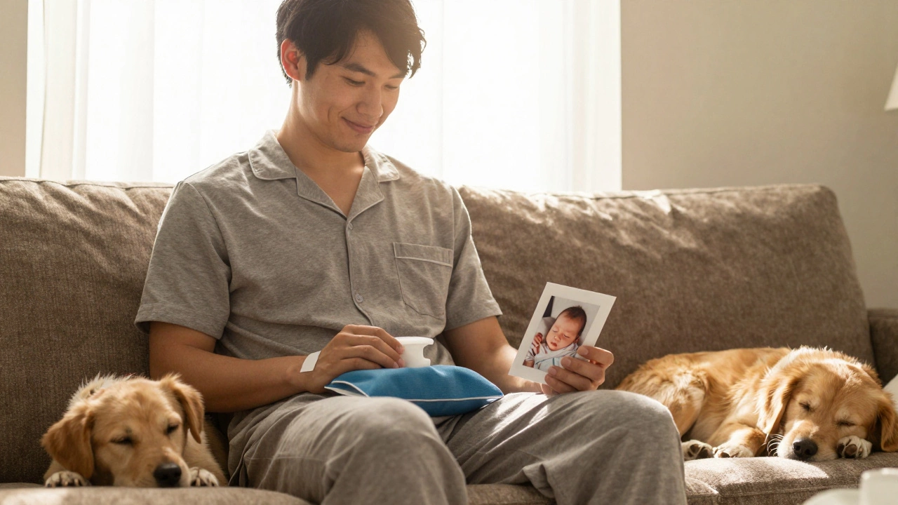 A father smiling beside his wife, holding their newborn baby, ice pack on lap, peaceful home setting.