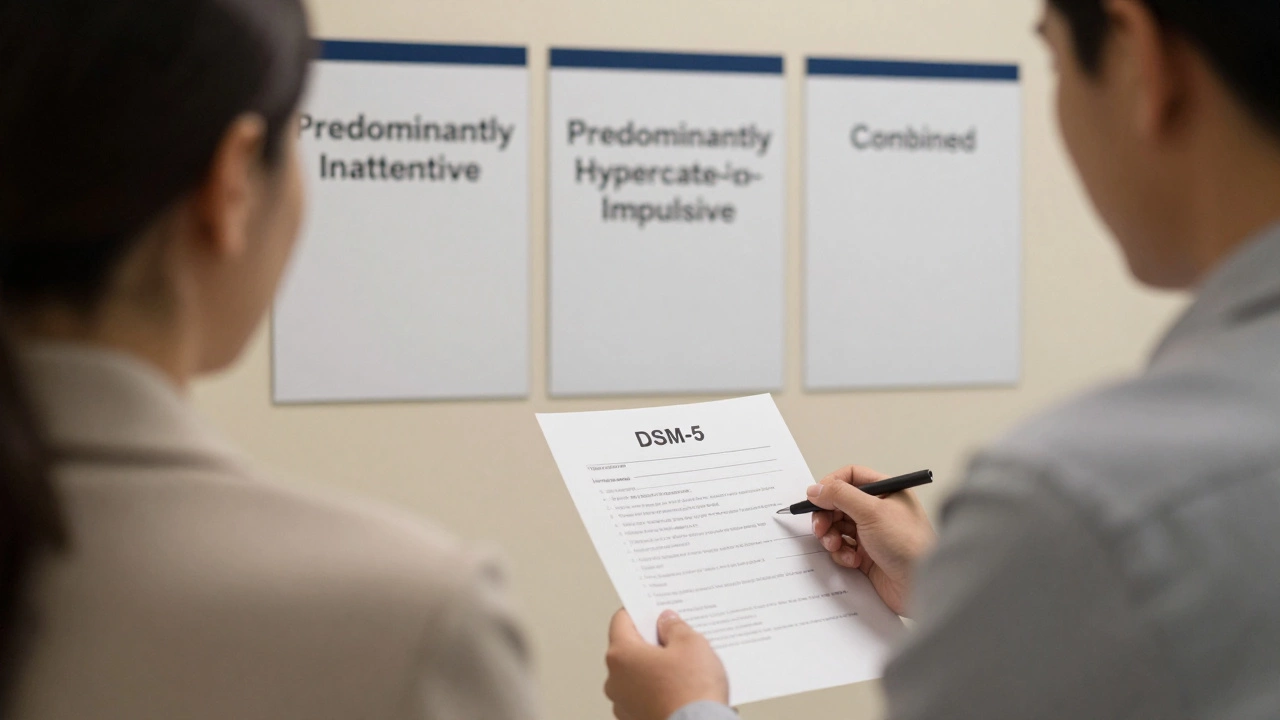 A psychologist reviewing ADHD diagnostic criteria from DSM-5 with a patient in a calm office setting.
