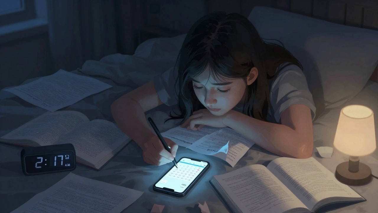 A teenage girl in her bedroom at night overwhelmed by scattered papers and glowing phone reminders, looking exhausted.
