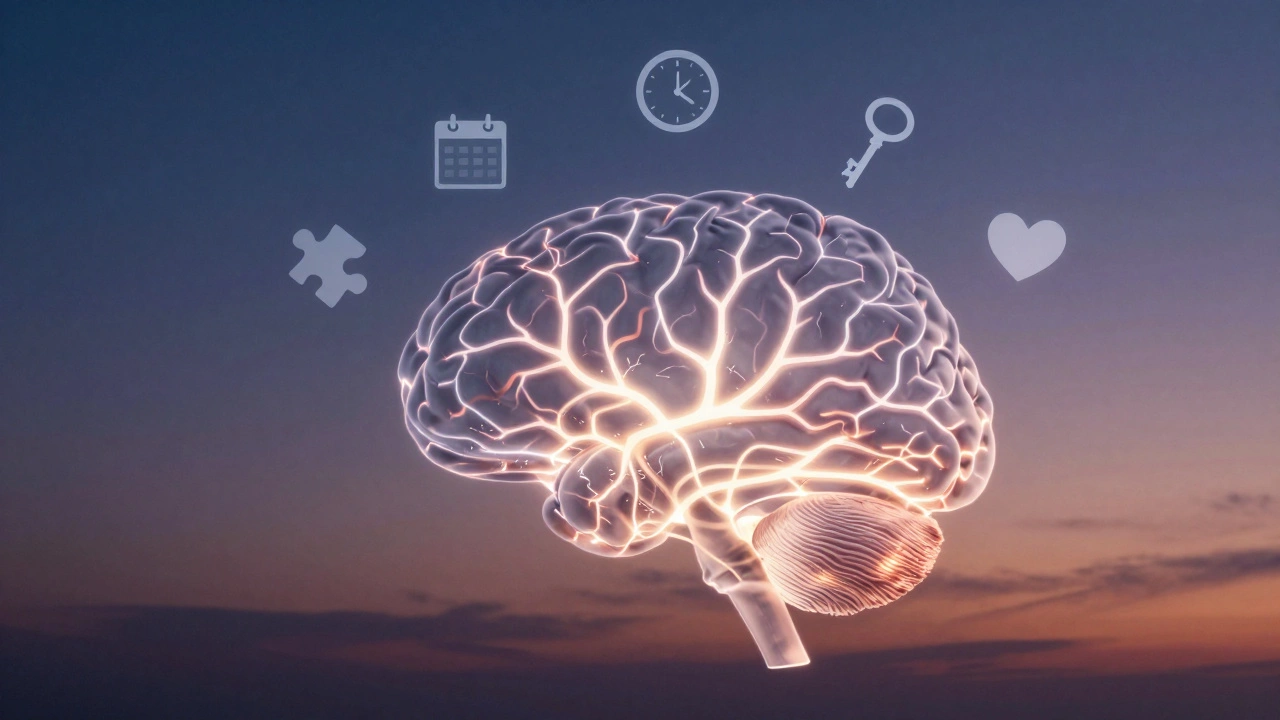 An abstract brain with glowing neural pathways and symbolic icons representing ADHD's invisible challenges.