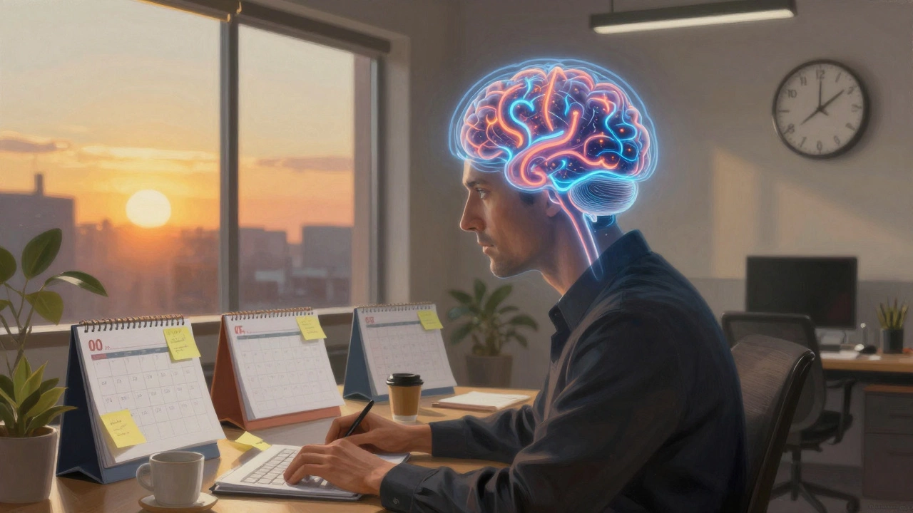 An adult in an office with chaotic calendars and sticky notes, their brain depicted as a swirling neural network symbolizing ADHD.