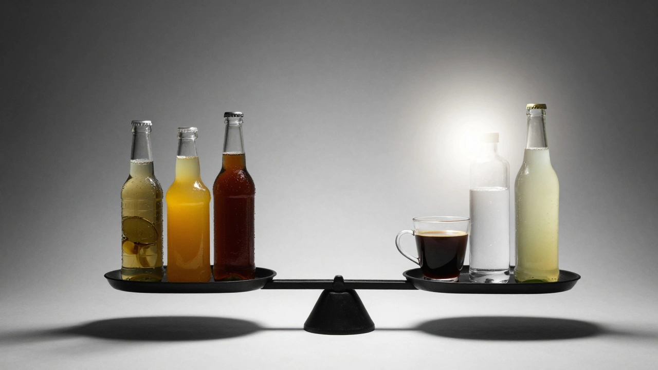 Balanced scale contrasting sugary drinks with healthy beverages in light and shadow.