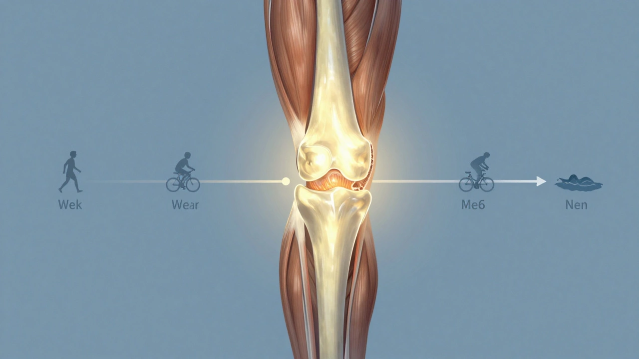 Conceptual image of a knee implant integrating with muscle and bone over time.