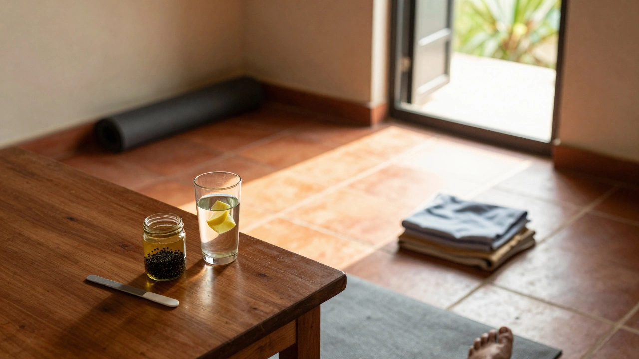 Morning Ayurvedic ritual on a wooden table with water, oil, and tongue scraper in a quiet Indian home.