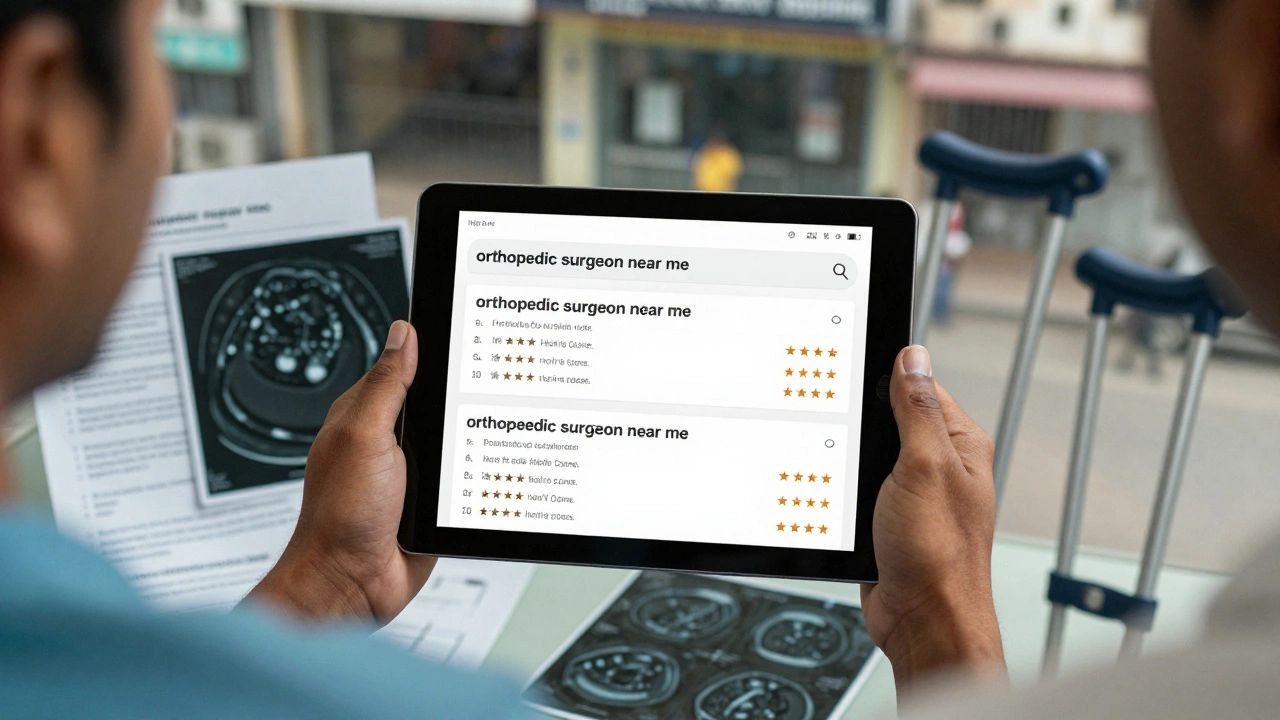 Patient viewing search results for both spellings of orthopedic surgeon on tablet, surrounded by medical scans and crutches.