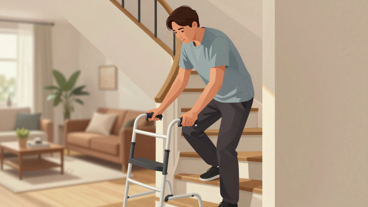 Person carefully climbing stairs with handrails during knee replacement recovery.