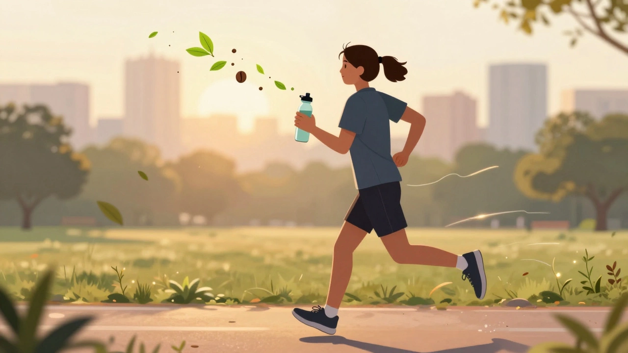 Person jogging at sunrise with glowing fat-burning particles from healthy drinks around them.