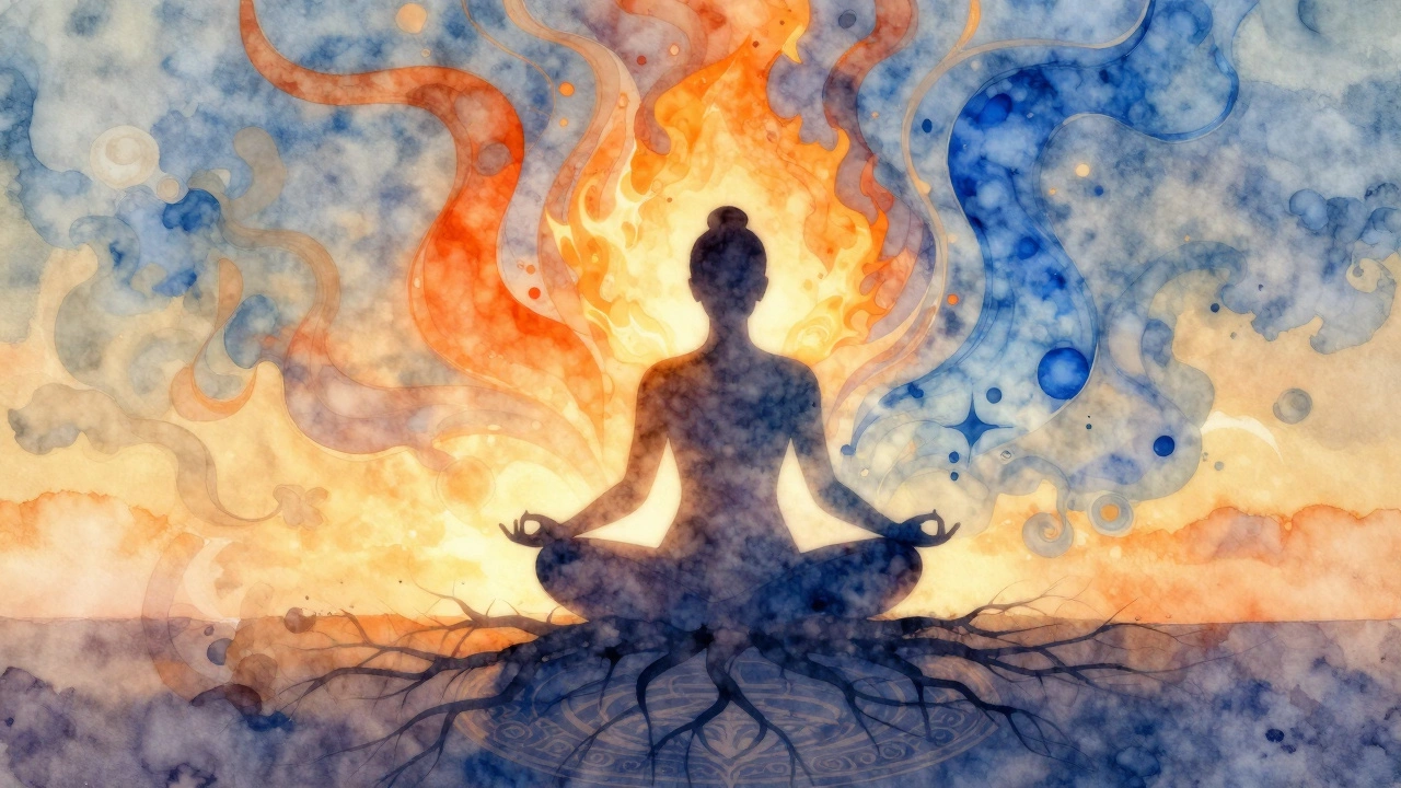 Silhouette meditating at sunrise, surrounded by abstract elements representing Ayurvedic doshas.