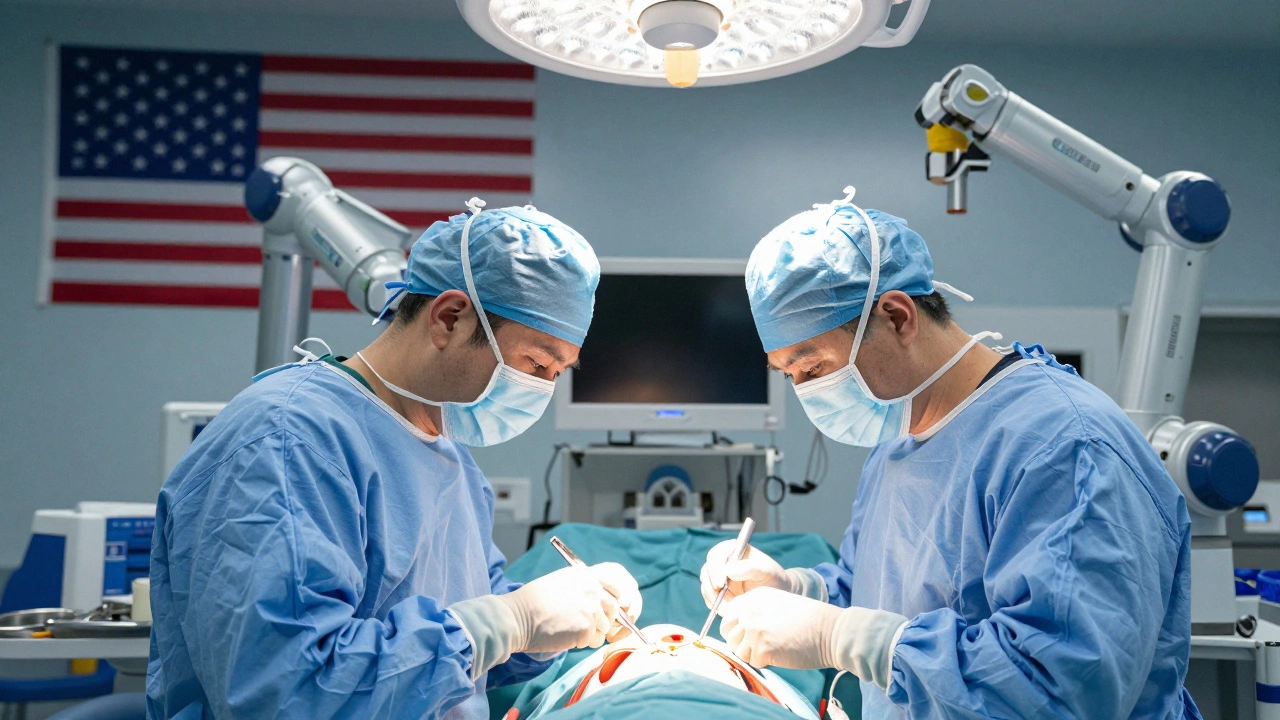 Two identical surgeons performing knee replacement in Chicago and Chennai, using same tools and techniques.