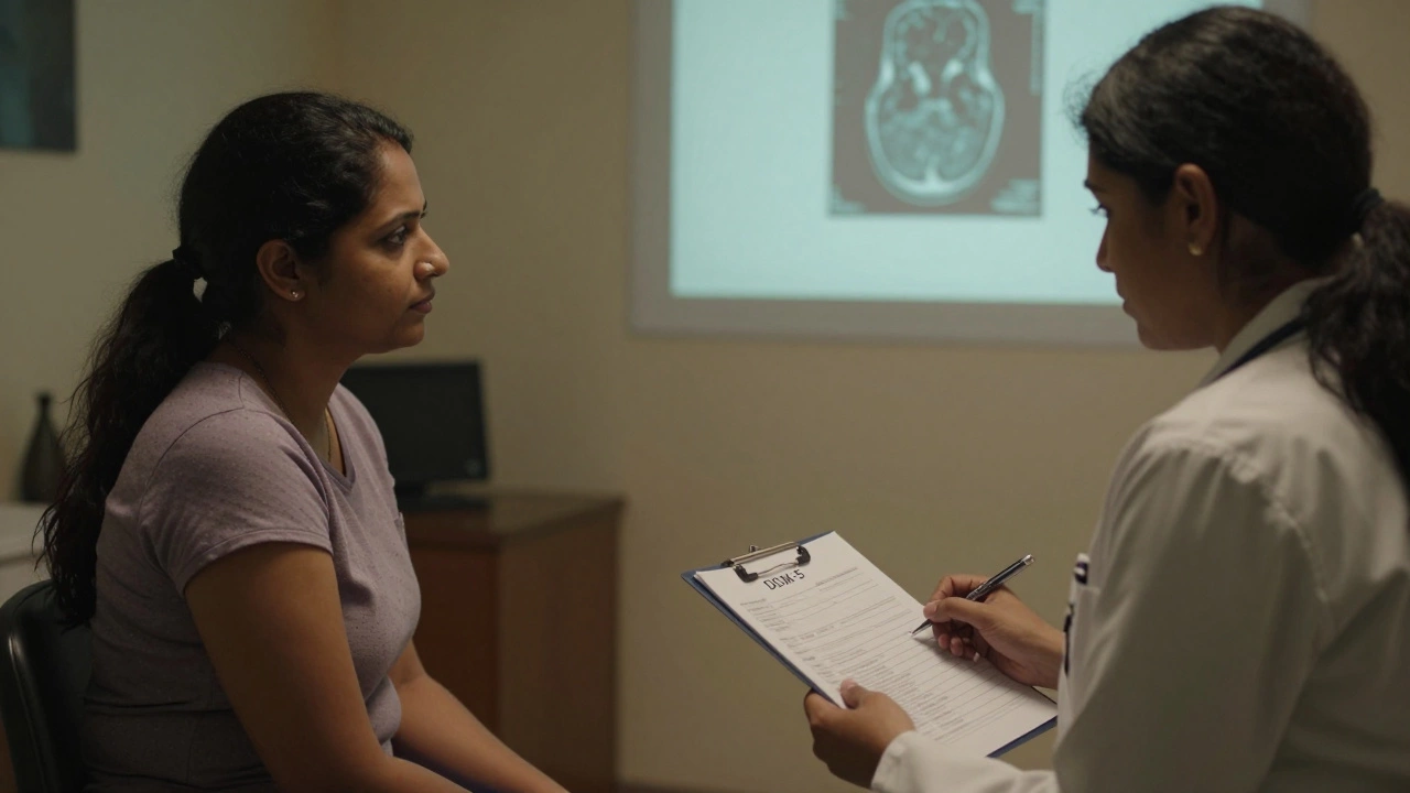 A clinician and patient in a Bangalore clinic reviewing ADHD diagnostic tools, with a brain scan visible in the background.
