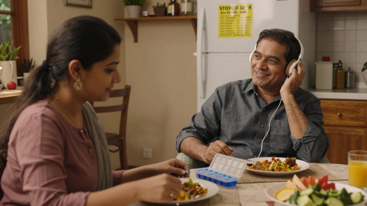 A daughter prepares a healthy meal while her father rests comfortably at home, surrounded by reminders of care and safety.