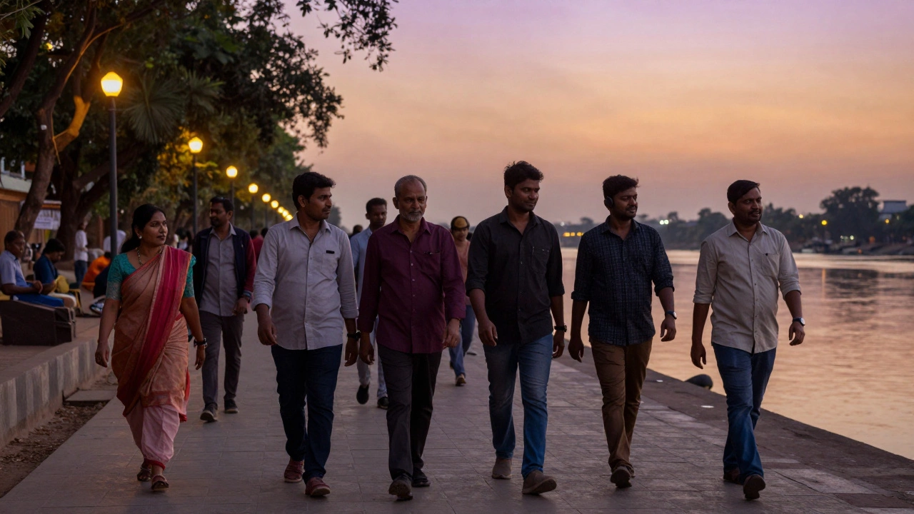 A group of diverse people walking together along a riverside trail at dusk.