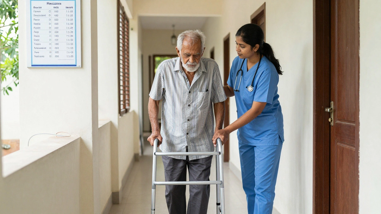A home care aide helps an elderly patient walk safely in a tidy home, monitoring breathing during recovery.