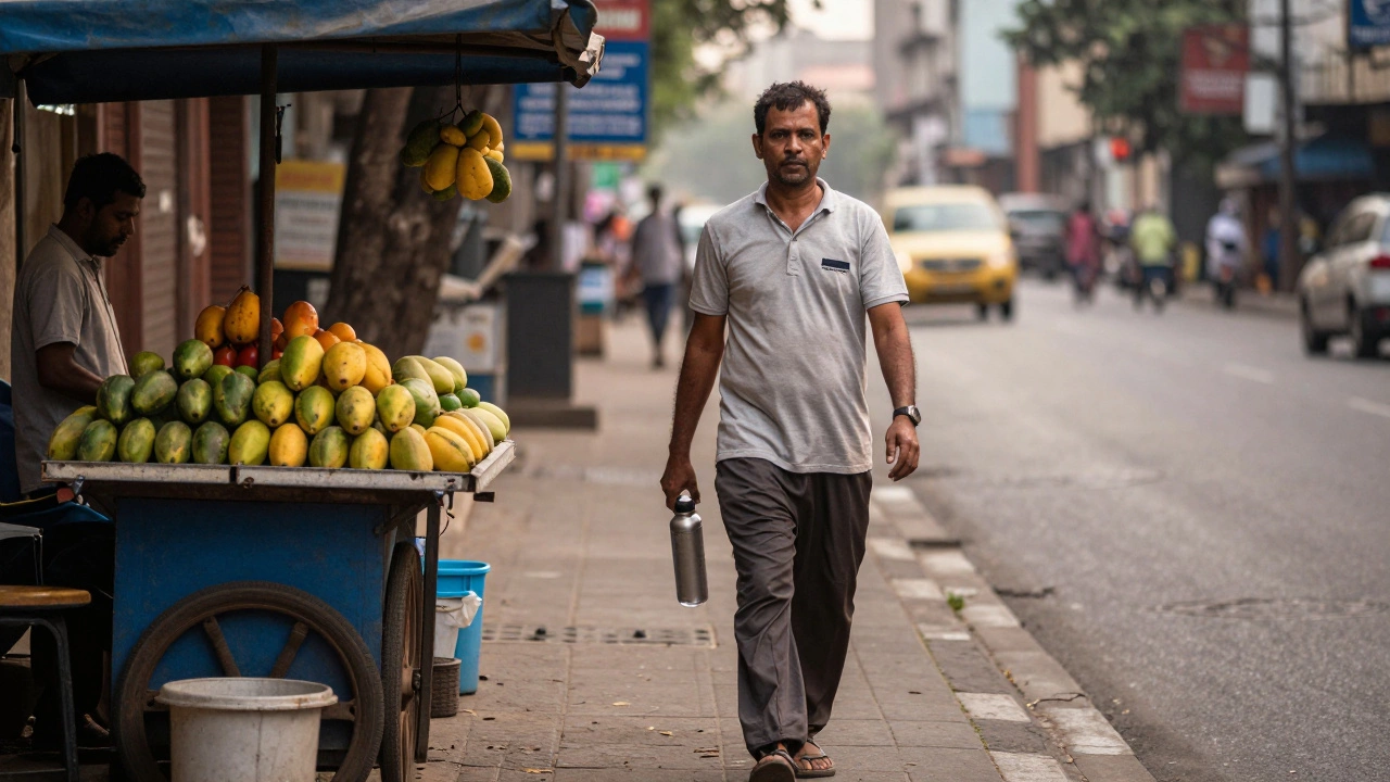 A man walks at dawn in Mumbai, wearing looser clothes, holding a water bottle, embodying gradual health improvement.