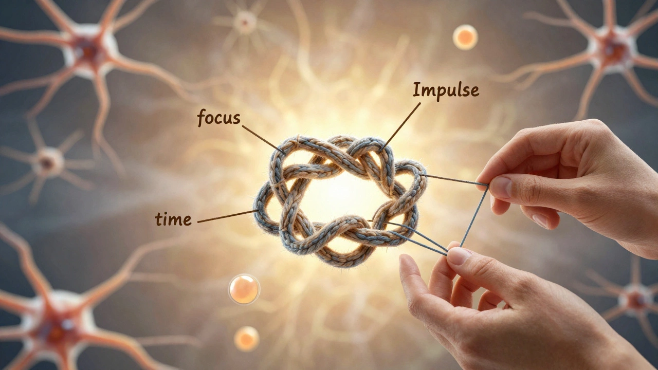 An abstract knot of labeled threads unraveling into organized paths, symbolizing ADHD management through understanding and support.
