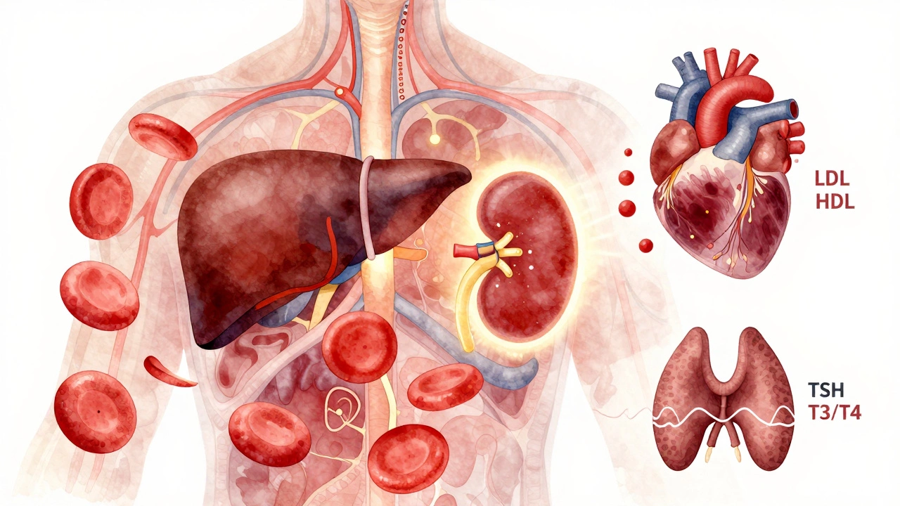 An artistic anatomical illustration showing blood test components like red cells, liver, kidneys, heart, and thyroid with glowing markers.