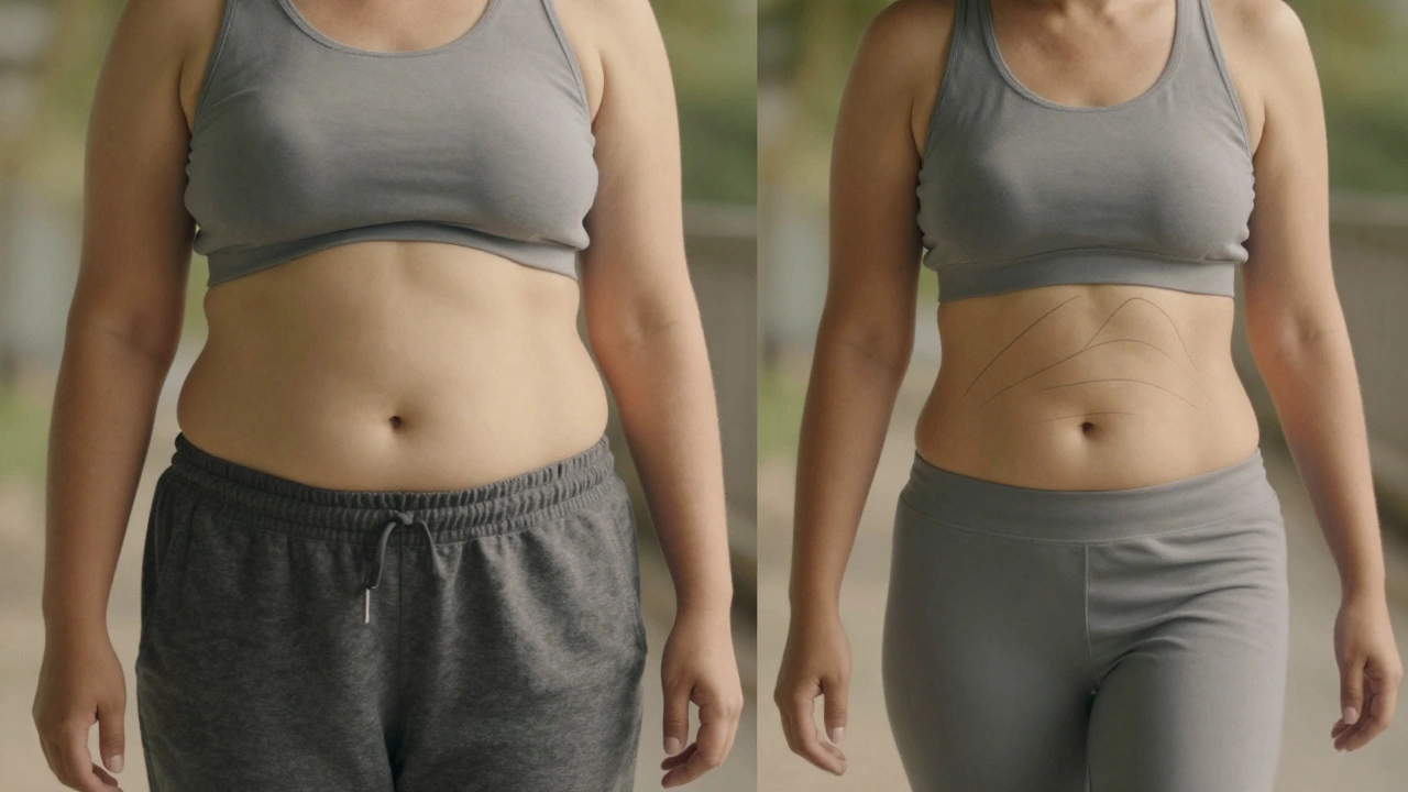 Before and after body silhouette showing reduced waistline from consistent walking.