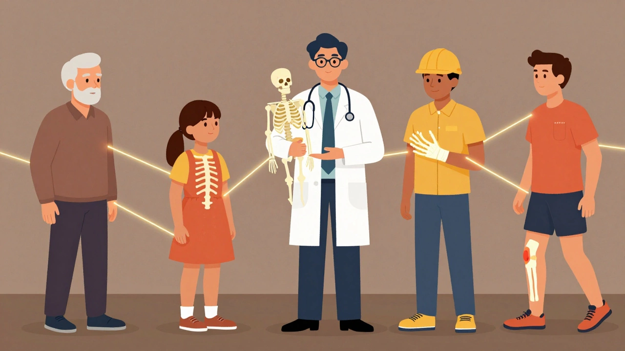 Diverse patients connected by golden lines to an orthopedic specialist holding a skeleton model.