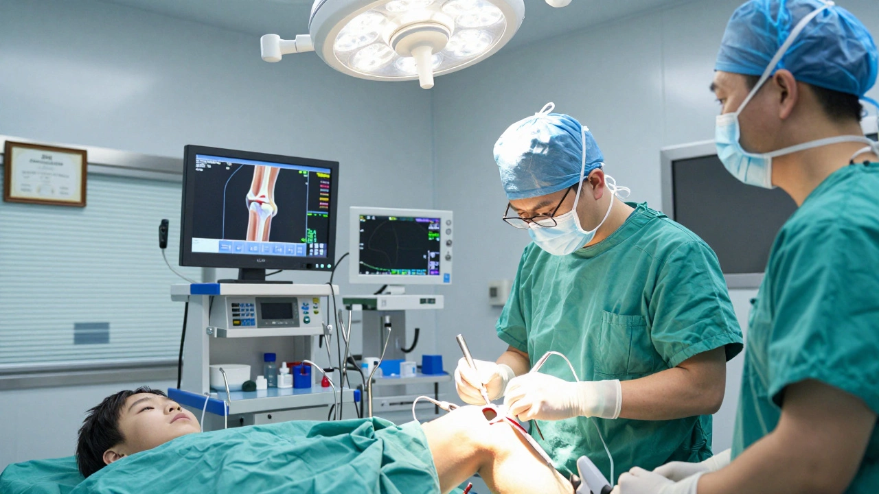 Surgeon performing arthroscopic knee surgery with high-tech monitors and sterile environment.