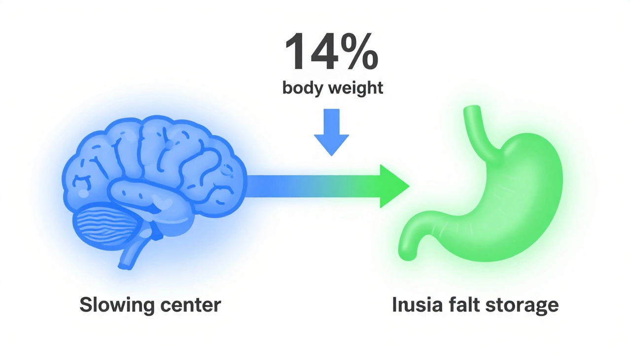 Two medical pathways merge into a downward arrow, symbolizing combined weight loss effects of Ozempic and metformin.