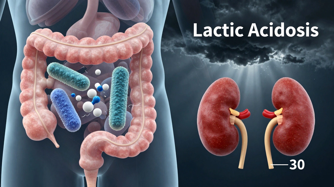 A gut health illustration showing metformin interacting safely unless kidneys fail.